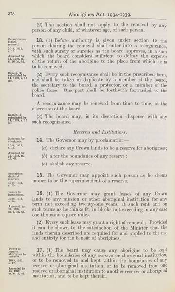 Page 8 of 21  Aborigines Act, 1934-1939, being Aborigines Act, 1934, No. 2154 of 1934 (assented to 18 October 1934) as amended by Aborigines Act Amendment Act, 1939, No. 14 of 1939 (assented to 22 November 1939).  An Act to consolidate certain Acts relating to the protection and control of the aboriginal and half-caste inhabitants of South Australia.