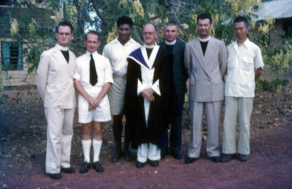 This photograph of a group of missionaries, including Arthur Ellemor, Harold Shepherdson and Edgar Wells, was taken at Galiwin'ku, Elcho Island, Arnhem Land.
