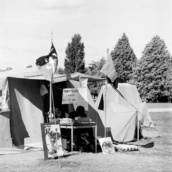 The land opposite Parliament House quickly became the site of numerous tents following the original beach umbrella of 26 January.