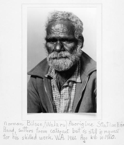 Written on the image by Mary Bennett: 'Norman Bilson, (Walaru), Aborigine Station Hand, suffers from cataract but is still in request for his skilled work. W.A. 1961. Age 66 in 1960.'