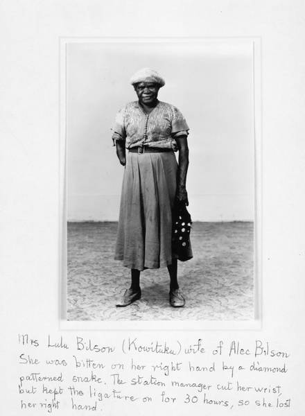 Mary Bennett writes: 'Mrs Lulu Bilson (Kowituku) wife of Alec Bilson. She was bitten on her right hand by a diamond patterned snake. The station manager cut her wrist, but kept the ligature on for 30 hours, so she lost her right hand.'