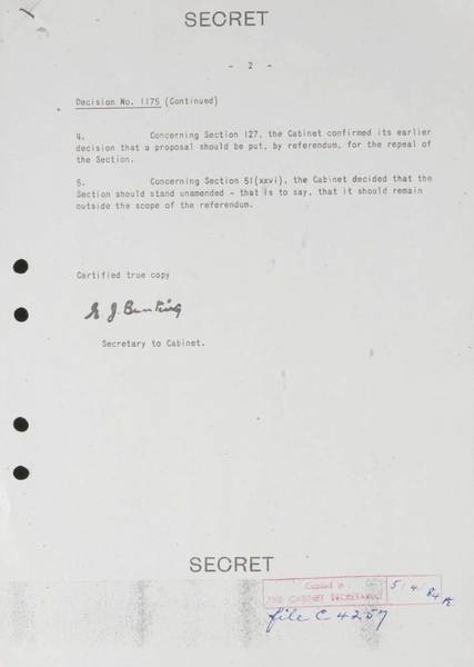 Page 2 of 2 (note pages 1-14 are related documents)  Secret Cabinet Minute, Canberra, 30 August 1965 Decision no. 1175 Submission no. 1009 - Constitutional amendments: sections 24-27, 127 and 51 (xxvi)