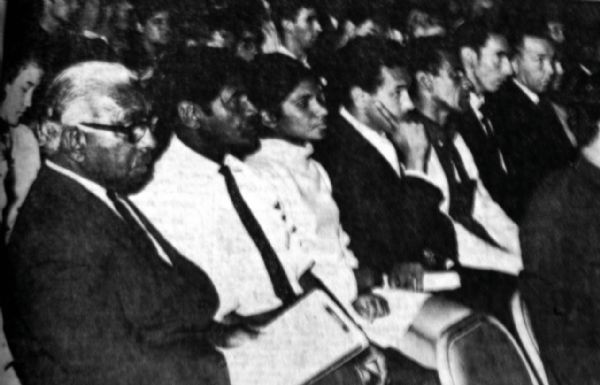 Doug Nicholls (left), Charles Perkins (4th from left), Ray Peckham (5th from left) and David Anderson (6th from left) attending the FCAATSI conference in Canberra.
