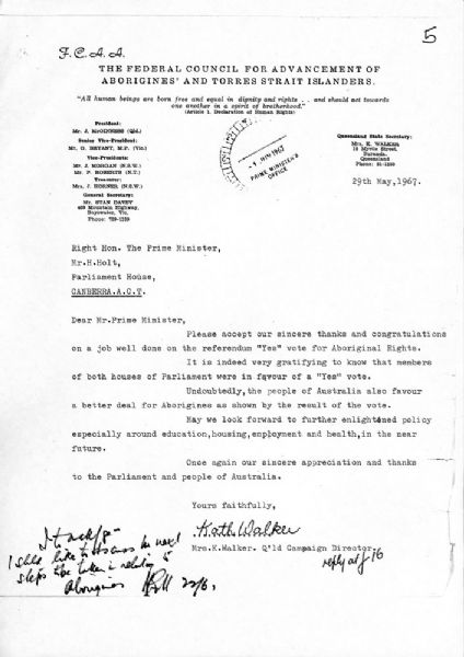 Letter from Kath Walker to Harold Holt, May 1967